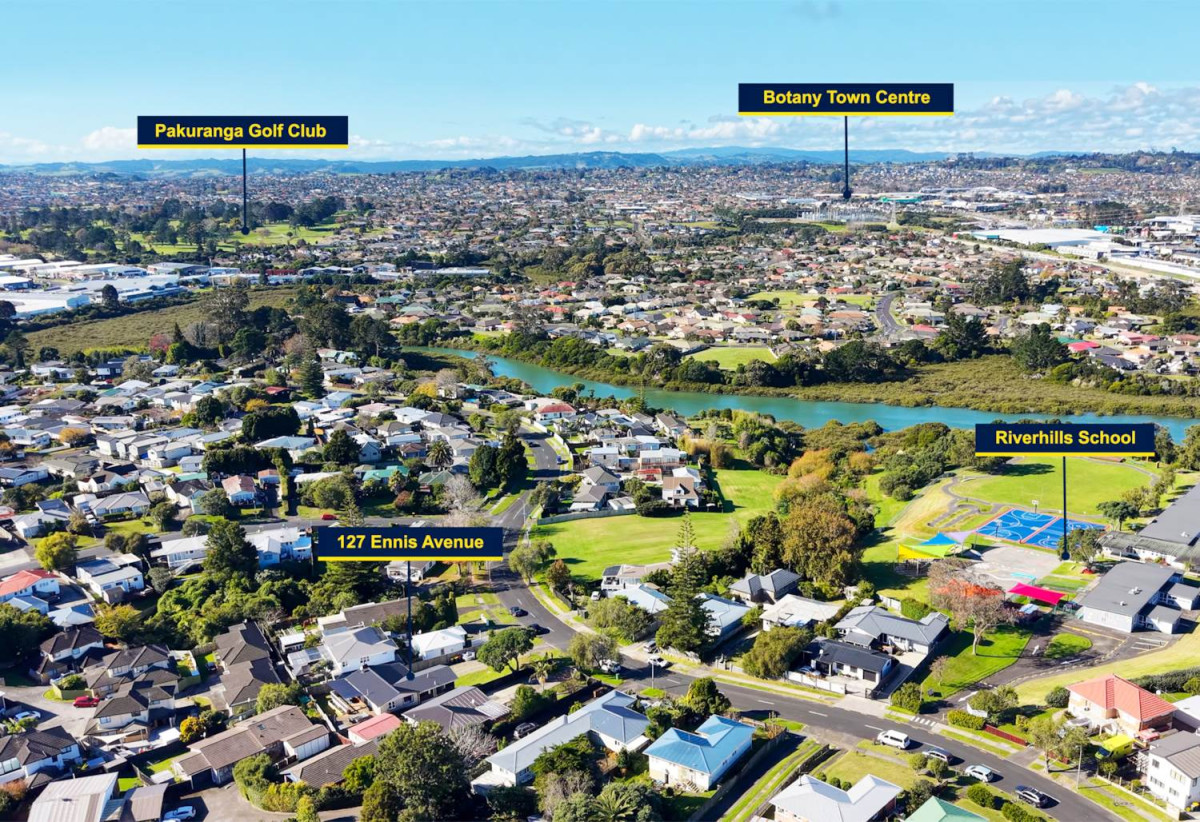 746m2 section, 4 beds (1 ensuite) + study room 2 baths house with garage, Downstairs offers internal access garaging plus a versatile rumpus room, move-in ready, close to schools, shops, supermarkets, 0.2 km to Riverhills School, 127 Ennis Avenue, Pakuranga Heights, Auckland