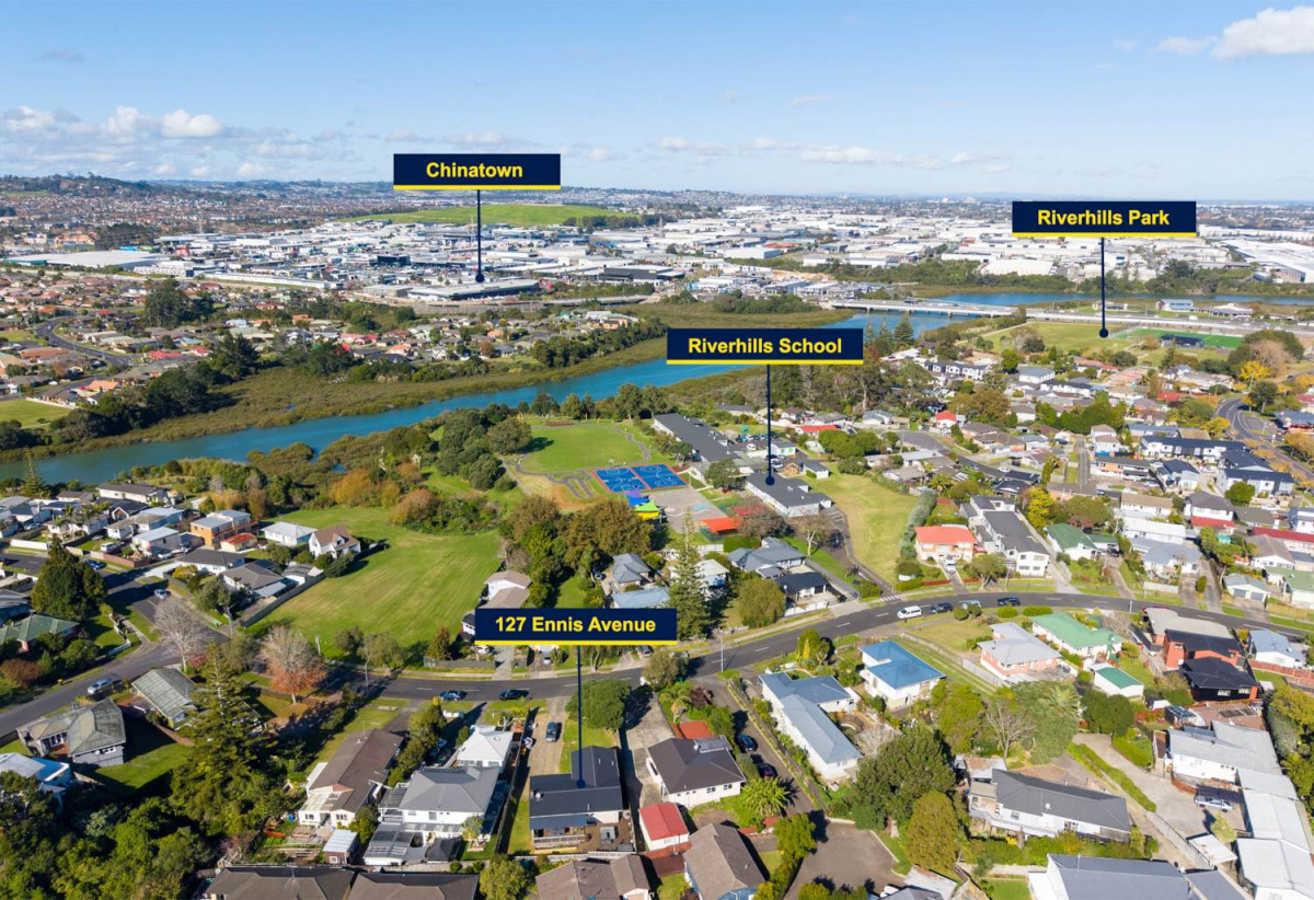 746m2 section, 4 beds (1 ensuite) + study room 2 baths house with garage, Downstairs offers internal access garaging plus a versatile rumpus room, move-in ready, close to schools, shops, supermarkets, 0.2 km to Riverhills School, 127 Ennis Avenue, Pakuranga Heights, Auckland