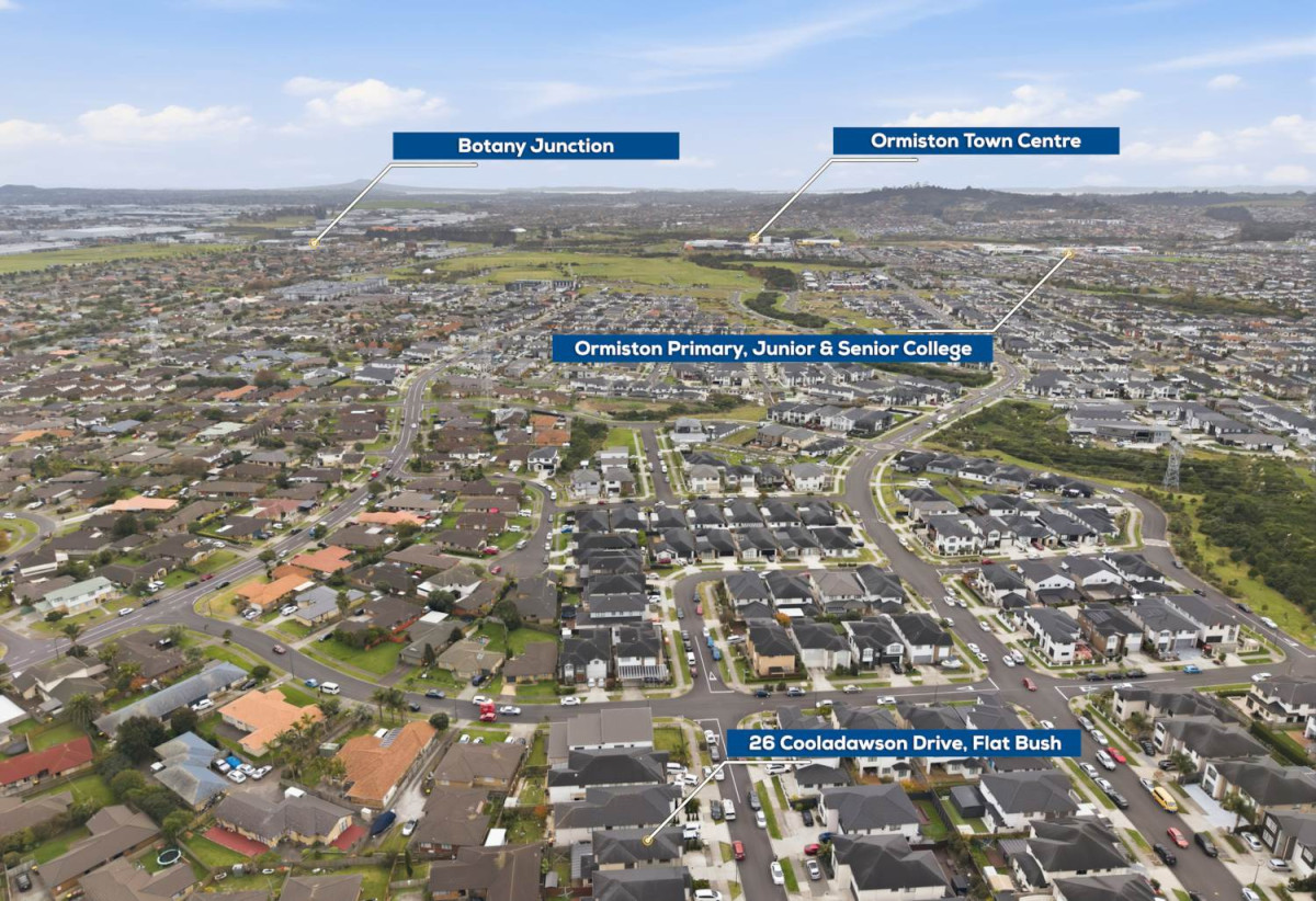 217m2 5 beds (2 ensuites) 3.5 baths house with garage on 280m2 section, 1 ensuite ground floor, Just moments from Ormiston Town Centre, supermarkets, cafés, restaurants, parks, schools, 0.7 km to Chapel Downs School, 1.8 km to Ormiston Senior College and Ormiston Junior College, 26 Cooladawson Drive, Flat Bush, Auckland