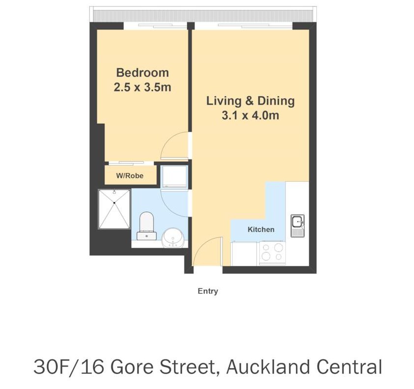 Auckland Girls’ Grammar School zone, Freehold 1 bed 1 bath apartment, 38sqm plus a balcony, Located on the 30th level with sweeping harbour, Sky Tower and city views, Access to excellent resident facilities, including a gym and a swimming pool, 1.8 km to Auckland Girls’ Grammar School, 30F/16 Gore Street, City Centre, Auckland