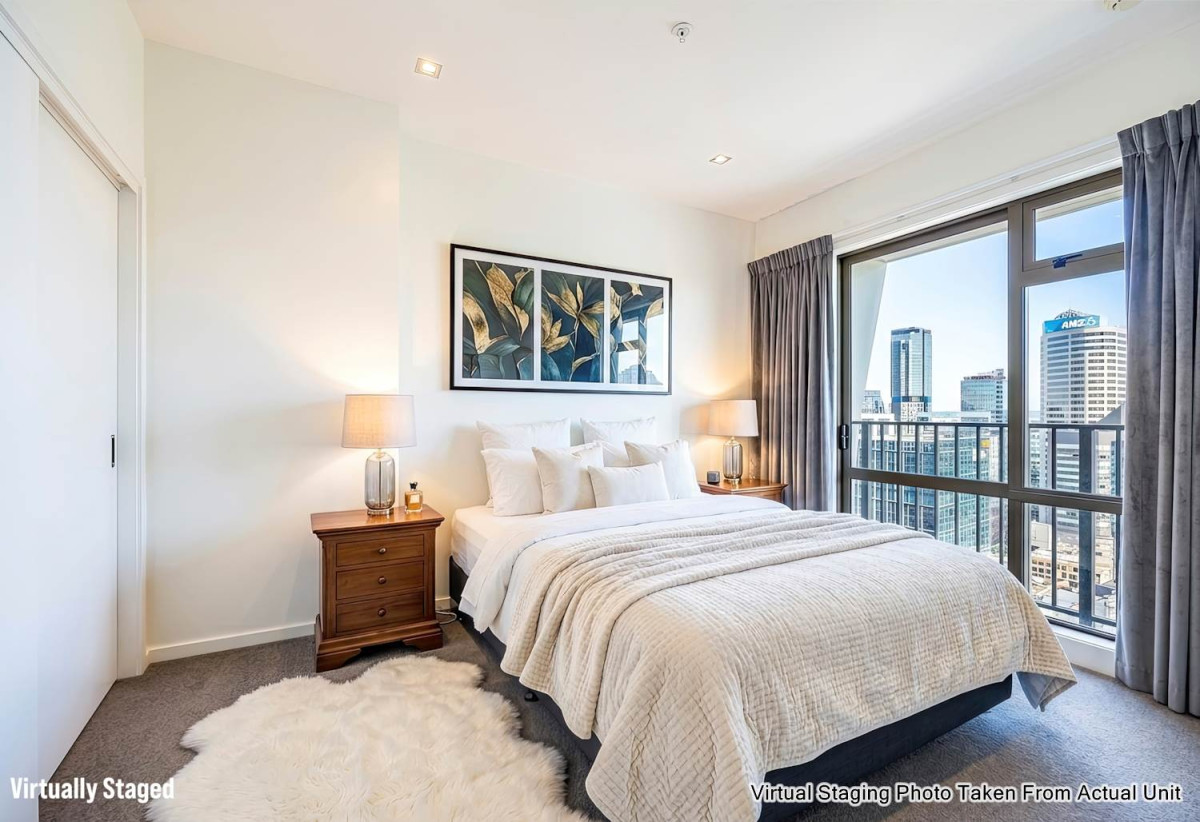Auckland Girls’ Grammar School zone, Freehold 1 bed 1 bath apartment, 38sqm plus a balcony, Located on the 30th level with sweeping harbour, Sky Tower and city views, Access to excellent resident facilities, including a gym and a swimming pool, 1.8 km to Auckland Girls’ Grammar School, 30F/16 Gore Street, City Centre, Auckland