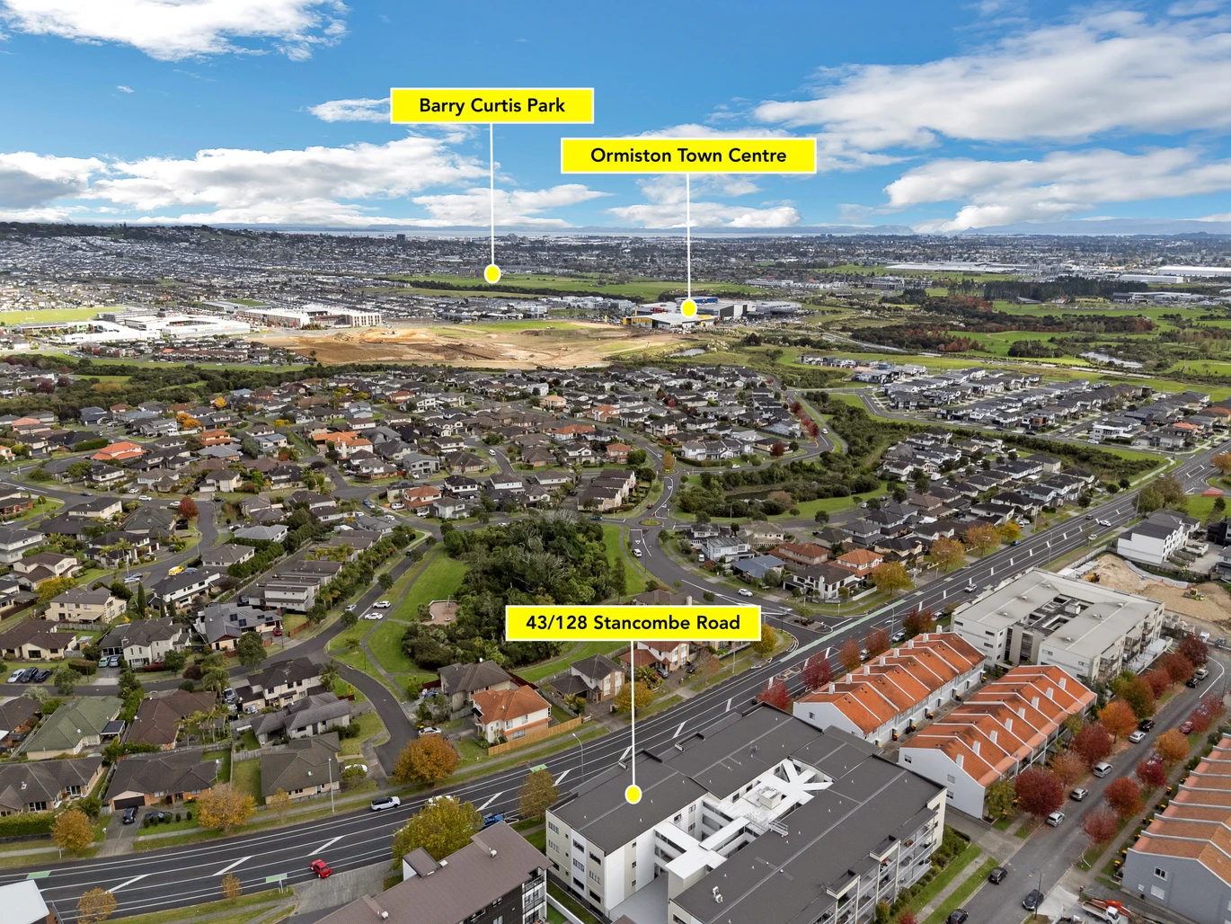80m2 1 bed 1 bath apartment, 1 Secure underground car park, Private balcony with beautiful views, close to Botany Downs and Ormiston shopping centres, parks, Zoned for excellent local schools, 43/128 Stancombe Road, Flat Bush, Auckland