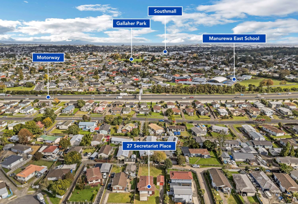 624m2 section, 3 beds 1 bath house with standalone garage, close to Manurewa town centre, Auckland Botanic Gardens, schools, motorway access, 0.3 km to Manurewa East School, 0.9 km to Greenmeadows Intermediate and Alfriston College, 27 Secretariat Place, Randwick Park, Auckland