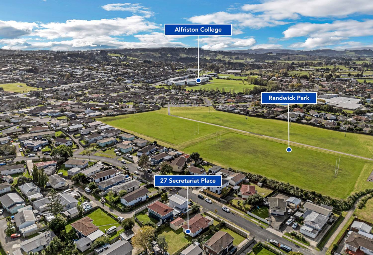 624m2 section, 3 beds 1 bath house with standalone garage, close to Manurewa town centre, Auckland Botanic Gardens, schools, motorway access, 0.3 km to Manurewa East School, 0.9 km to Greenmeadows Intermediate and Alfriston College, 27 Secretariat Place, Randwick Park, Auckland