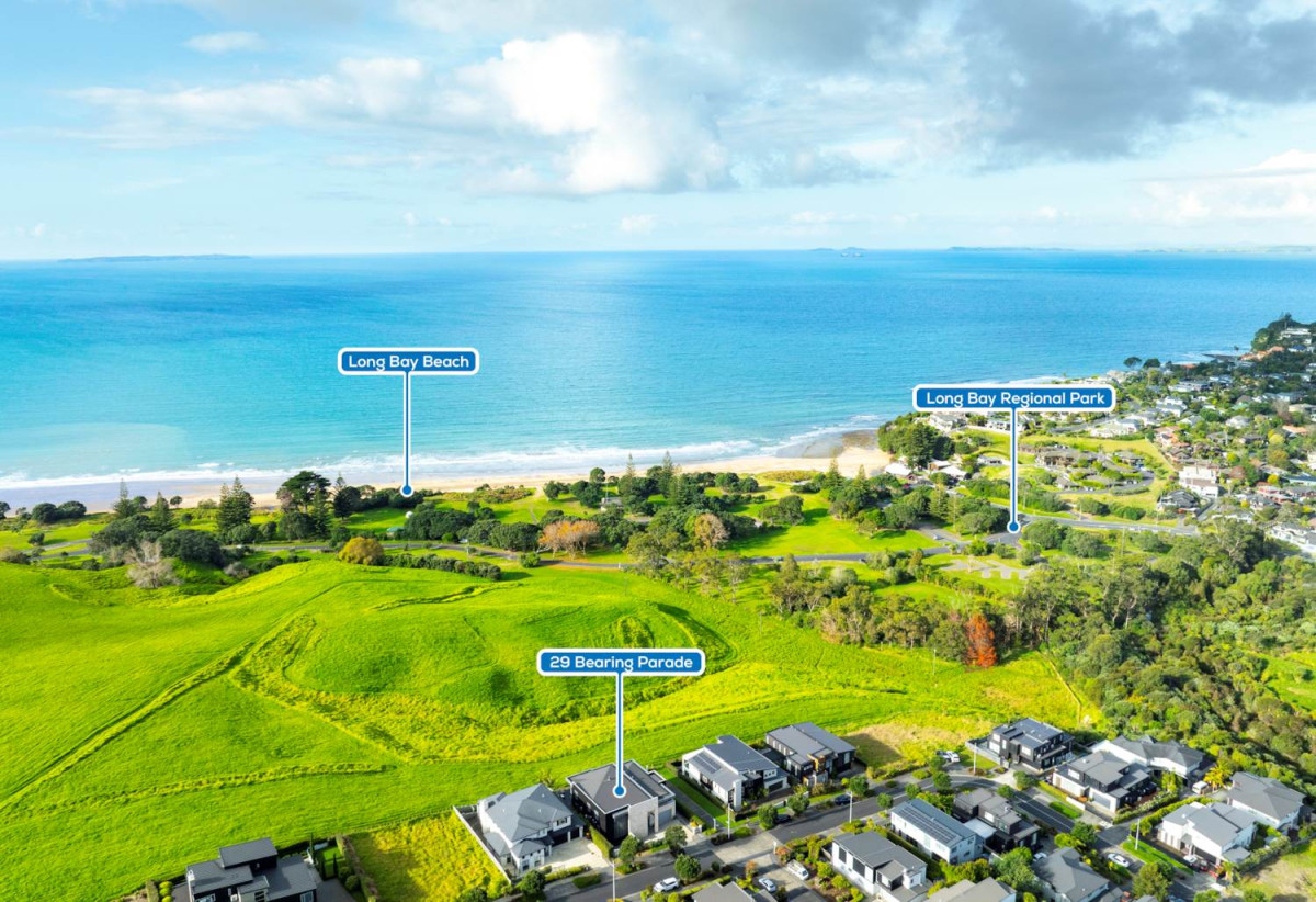 644m2 section, Sea Views, 4 beds (3 ensuites) + over-sized study room 4.5 baths house with double tandem garage (5.9m x 12.4m) for 4 cars, minutes to schools, Long Bay Village, beaches, 0.8 km to Long Bay College, 1.2 km to Long Bay School, 29 Bearing Parade, Long Bay, Auckland