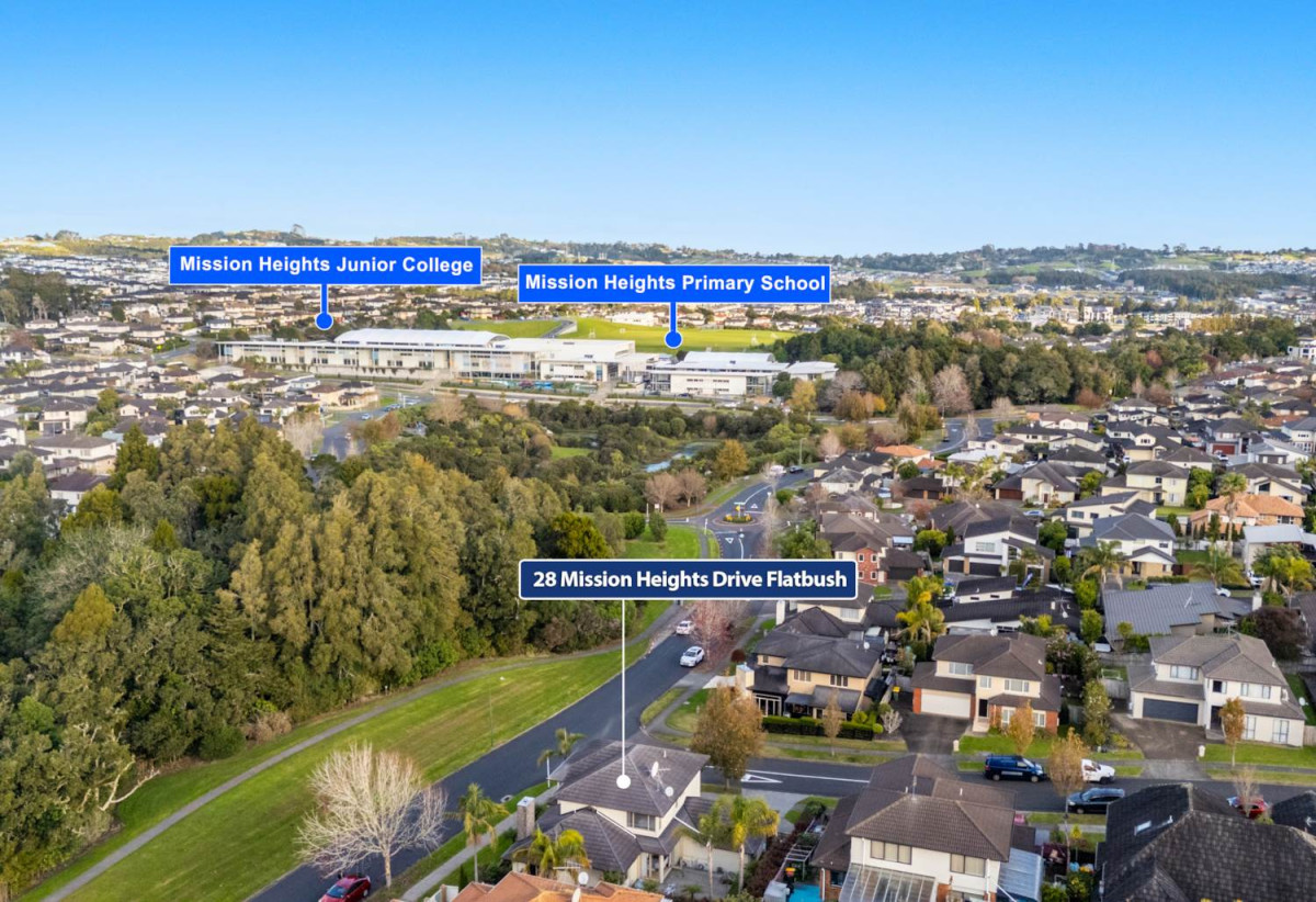 Once in 16 years, Vendors downsizing, Must Sell, Mission Heights, 527m2 section, 5 beds 3 baths house with double garage, close to schools and shopping centres, 0.4 km to Mission Heights Primary School, 0.6 km to Mission Heights Junior College, 1.6 km to Ormiston Senior College, 28 Mission Heights Drive, Flat Bush, Auckland