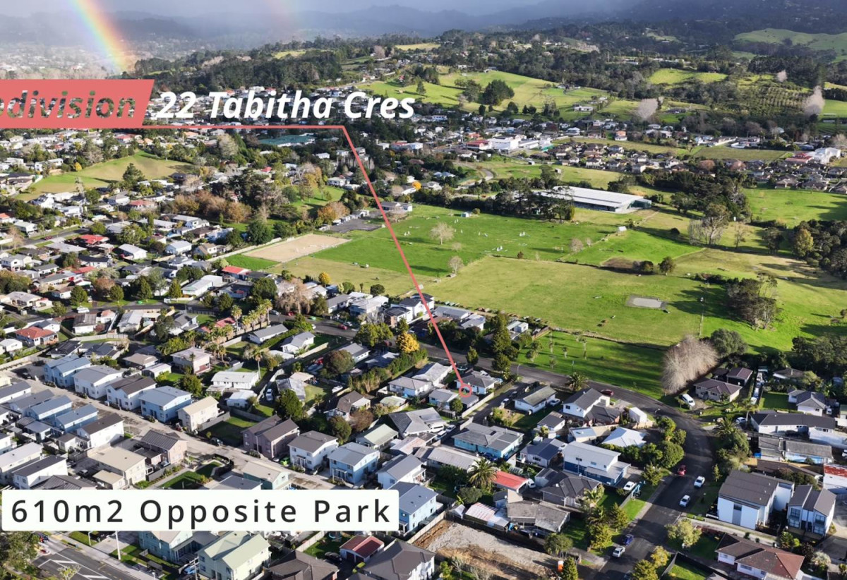 Opposite to a park, 610m2 section, 3 beds 1 bath house with RC, BC, EPA for 4 standalone homes (each 3 beds 2.5 baths with garage), 0.7 km to Henderson South School, 22 Tabitha Crescent, Henderson, Auckland