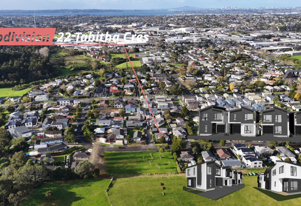 Opposite to a park, 610m2 section, 3 beds 1 bath house with RC, BC, EPA for 4 standalone homes (each 3 beds 2.5 baths with garage), 0.7 km to Henderson South School, 22 Tabitha Crescent, Henderson, Auckland