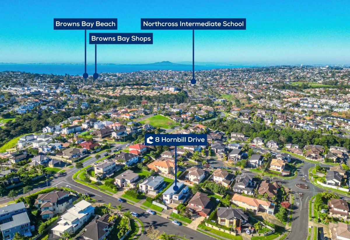 600m2 section, 5 beds (2 ensuites) 3.5 baths house with double garage, close to shops, schools, 0.8 km to Oteha Valley School, 1.1 km to Northcross Intermediate, 8 Hornbill Drive, Fairview Heights, Auckland