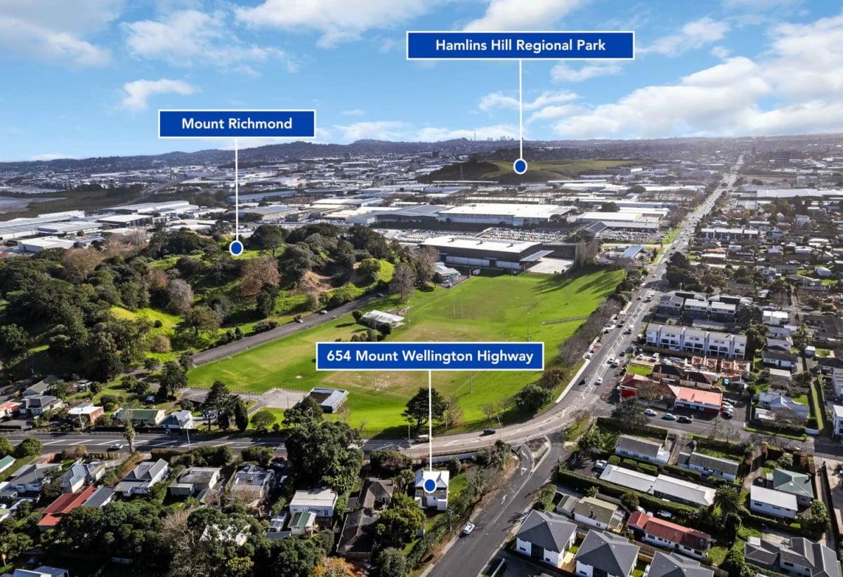 Opposite Mount Richmond playground, 858m2 soner site with RC Applied for 7 Lots, 3 beds 2 baths house with standalone garage, Just minutes from Sylvia Park Shopping Centre and New Zealand’s flagship IKEA store, 0.5 km to Otahuhu Intermediate, 1.2 km to Panama Road School, 654 Mount Wellington Highway, Mt Wellington, Auckland