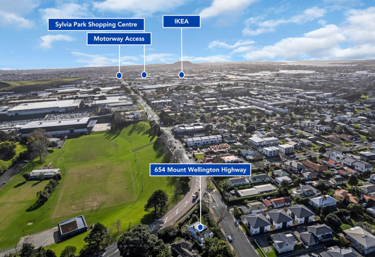Opposite Mount Richmond playground, 858m2 soner site with RC Applied for 7 Lots, 3 beds 2 baths house with standalone garage, Just minutes from Sylvia Park Shopping Centre and New Zealand’s flagship IKEA store, 0.5 km to Otahuhu Intermediate, 1.2 km to Panama Road School, 654 Mount Wellington Highway, Mt Wellington, Auckland