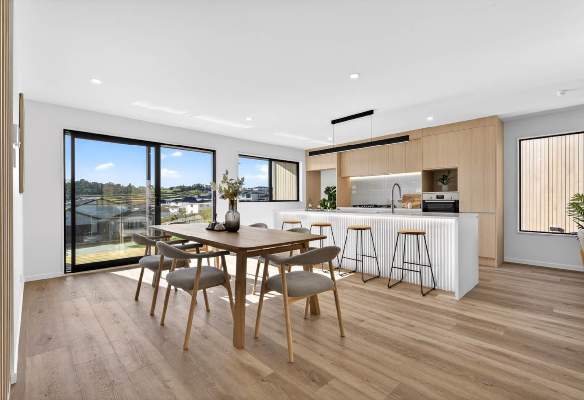 587m2 section, 227m2 Brandnew standalone 5 beds (1 ensuite) 3 baths house with double garage and big backyard, 3 beds 1 bath ground floor, move-in ready, close to schools, shops, beach, motorway access, 0.5 km to Nukumea School, 2 km to Orewa College, 242E West Hoe Heights, Orewa, Auckland