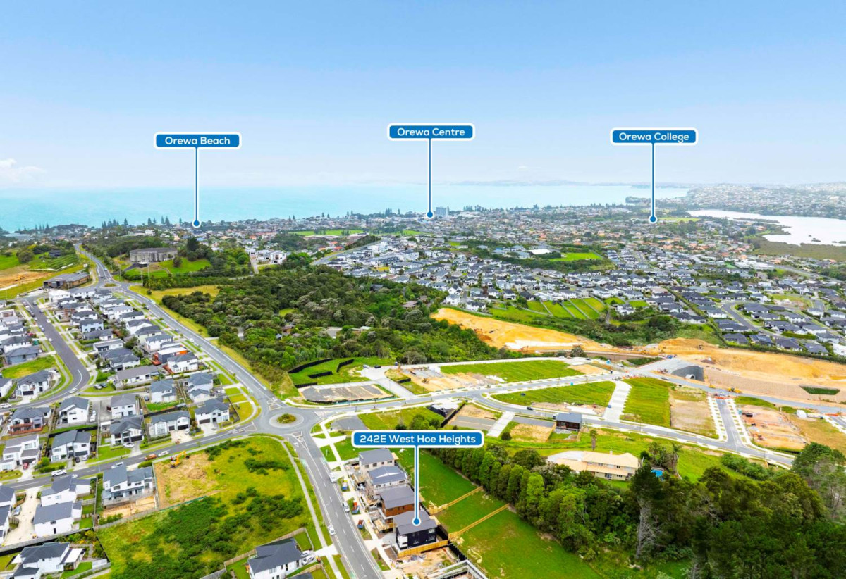 587m2 section, 227m2 Brandnew standalone 5 beds (1 ensuite) 3 baths house with double garage and big backyard, 3 beds 1 bath ground floor, move-in ready, close to schools, shops, beach, motorway access, 0.5 km to Nukumea School, 2 km to Orewa College, 242E West Hoe Heights, Orewa, Auckland
