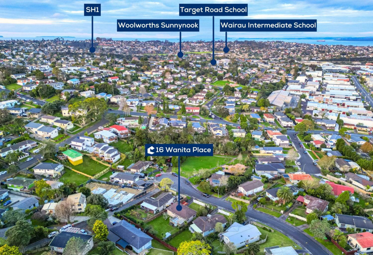 607m2 section, 3 beds 1 bath house with carport, close to schools, shops, supermarkets, 0.7 km to Target Road School, 1.5 km to Wairau Intermediate School, 1.7 km to Glenfield Intermediate School, 16 Wanita Place, Totara Vale, Auckland