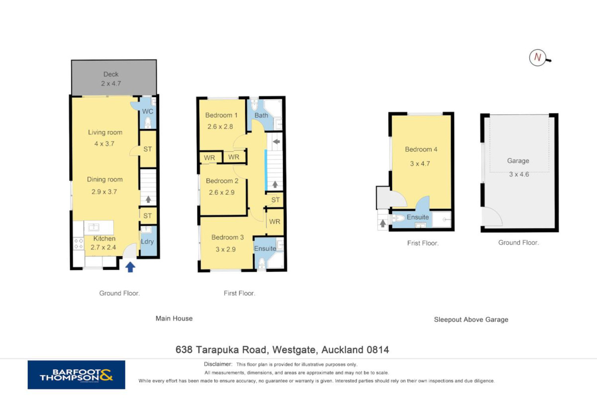 Standalone 4 beds (2 ensuites) 3.5 baths house with standalone garage, 1 ensuite on the top of the single garage with separate entrance, close to shopping centres, motorway access, 638 Tarapuka Road, Westgate, Auckland