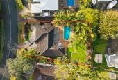 739m2 section, 5 beds (1 ensuite) + study 3 baths house with double garage and swimming pool, 2 bed 1 bath ground floor, 49 Weatherly Road, Torbay, Auckland