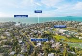 739m2 section, 5 beds (1 ensuite) + study 3 baths house with double garage and swimming pool, 2 bed 1 bath ground floor, 49 Weatherly Road, Torbay, Auckland