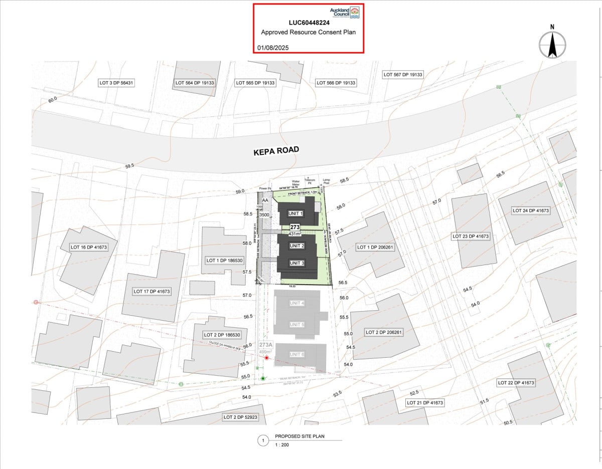 Two Titles – Clear Site, total land size of 930m2, RC approved for 6 dwellings, comprising: 2 standalone 4-bedroom homes, 2 duplex buildings (4 dwellings total), each 3 bedrooms, 5 water meters installed and paid, Power and internet connections completed, Site cleared and prepared, Approx. 50% driveway works completed, Approx. 80% of underground services completed (Three Waters), 273 & 273A Kepa Road Mission Bay, Auckland