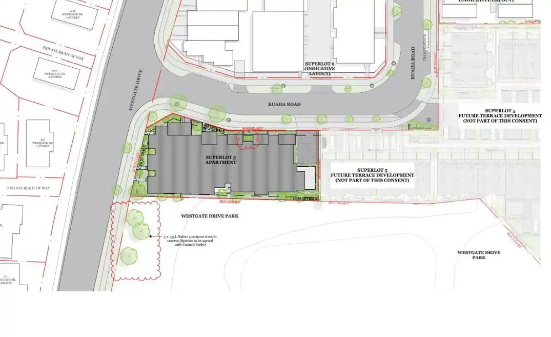 Substantial Land Size: 1,206m² (more or less) of prime land with a GFA of 2,134.78 m2, RC approved for 30 walk up units and 23 carparks, 0.5 km to Royal Road School, Superlot 5/50-56 Westgate Drive, Westgate, Auckland