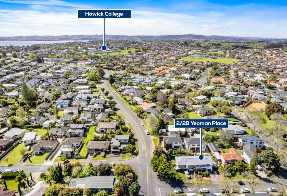 Robust construction – Concrete block and brick, 3 beds + Flexi room 2 baths home, Upstairs: 2 beds 1 bath, Separate living room with access to a sunny porch, Open-plan kitchen and dining area, Downstairs: Additional bedroom plus living area, Bathroom and utility room, 2/2B Yeoman Place, Howick, Auckland
