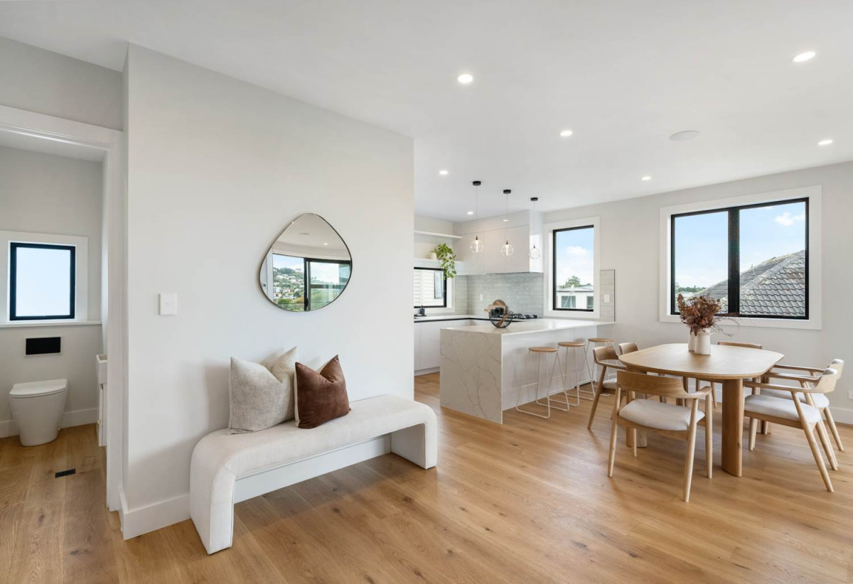 Freehold 4 beds (2 ensuites) 3.5 baths home, double garage, 1 ensuite ground floor, 3 + 1 layout, Lift infrastructure installed for future lift installation, Daikin rooftop heating and cooling system, Bluetooth audio system to kitchen and living areas, 8/2 Valonia Street, Mt Roskill, Auckland
