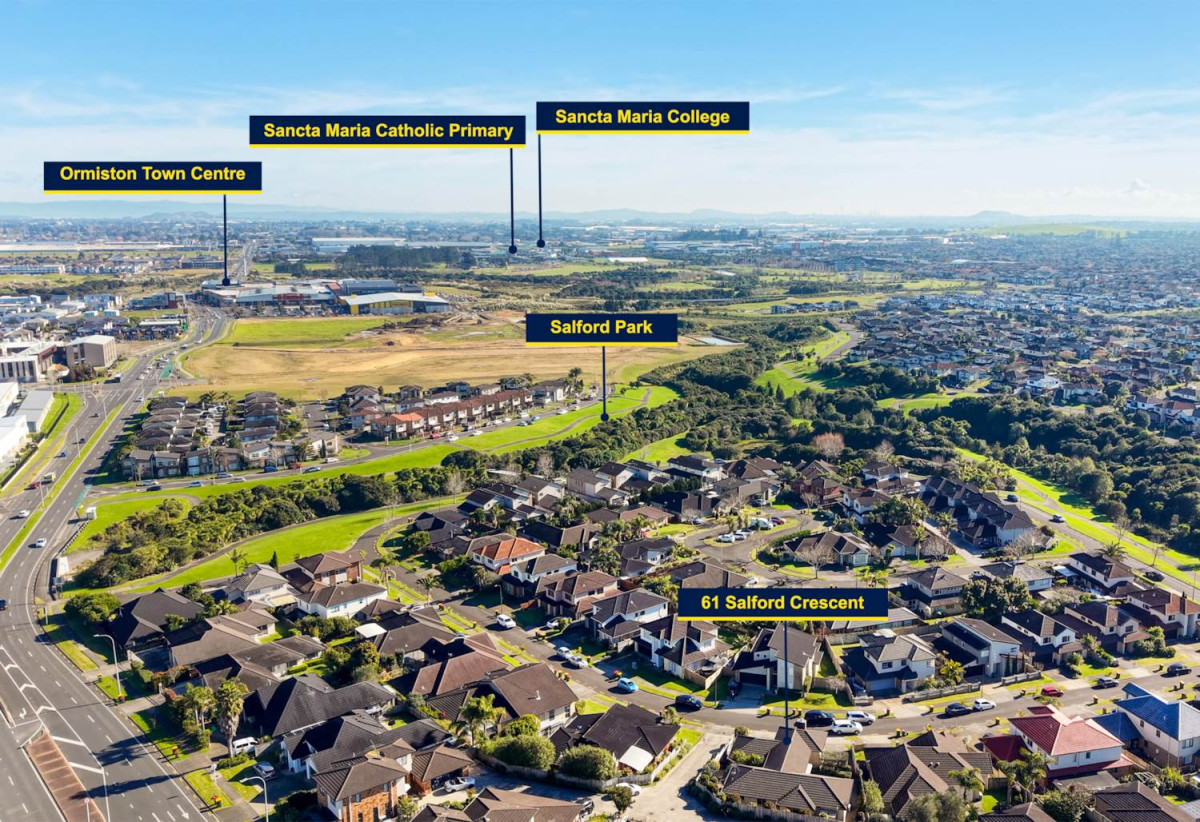 517m2 section, Brick and tile 5 beds 2 baths house with double garage, 0.4 km to Ormiston Junior College, 61 Salford Crescent, Flat Bush, Auckland