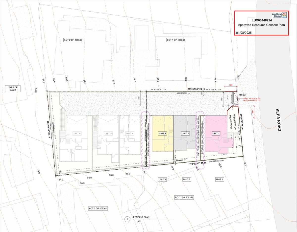 Two Titles – Clear Site, total land size of 930m2, RC approved for 6 dwellings, comprising: 2 standalone 4-bedroom homes, 2 duplex buildings (4 dwellings total), each 3 bedrooms, 5 water meters installed and paid, Power and internet connections completed, Site cleared and prepared, Approx. 50% driveway works completed, Approx. 80% of underground services completed (Three Waters), 273 & 273A Kepa Road Mission Bay, Auckland