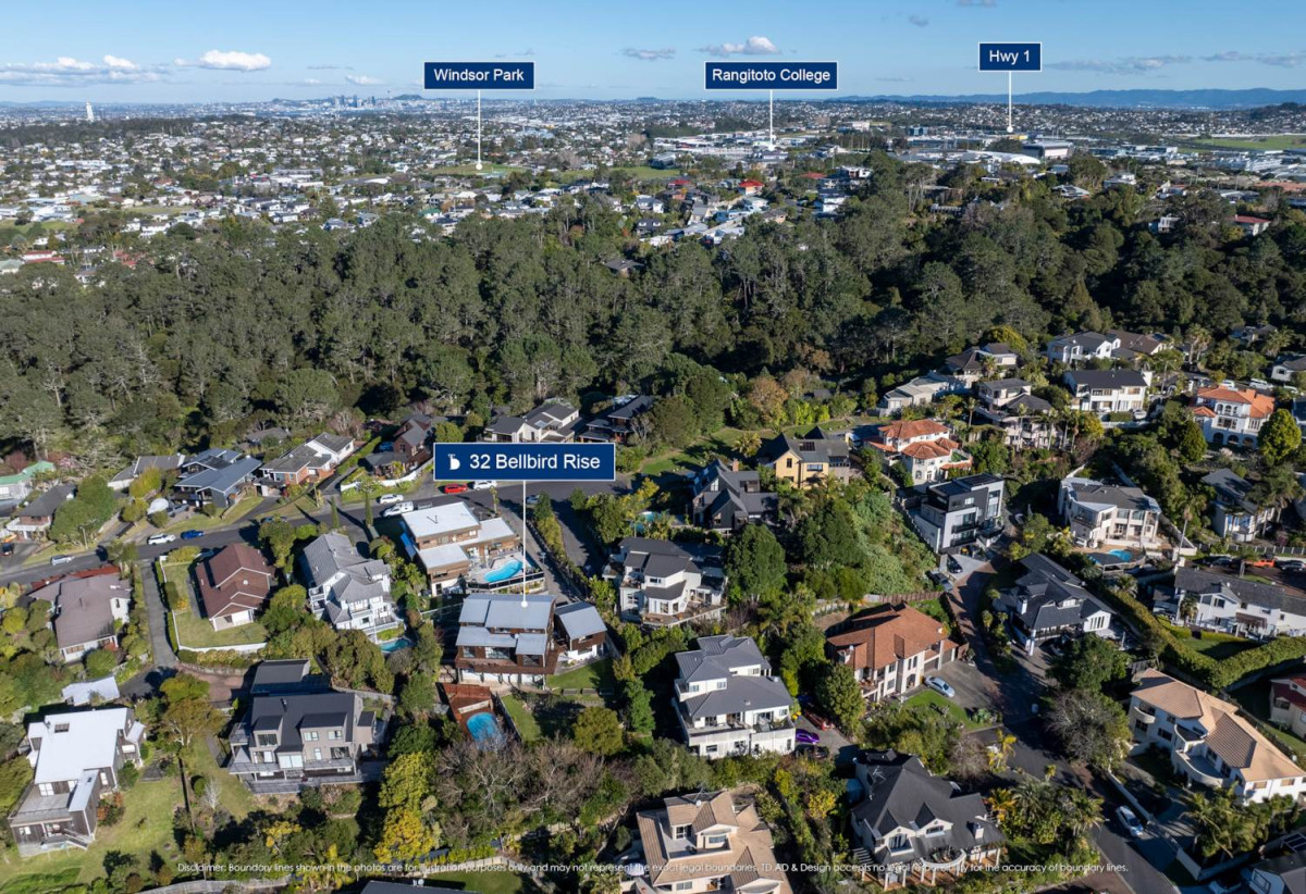 1030m2 section, Elegant Living, Sea Views & Rangitoto Zones, 6 beds (1 ensuite) + study 3.5 baths house with garage and swimming pool, A supersized entertaining lounge on the lower level, along with its own bathroom and two generous bedrooms, provides exceptional flexibility. 32 Bellbird Rise, Murrays Bay, Auckland