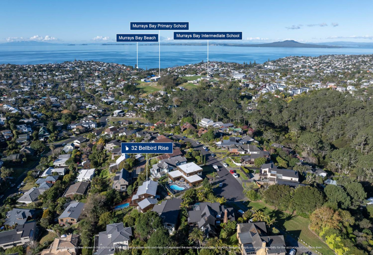 1030m2 section, Elegant Living, Sea Views & Rangitoto Zones, 6 beds (1 ensuite) + study 3.5 baths house with garage and swimming pool, A supersized entertaining lounge on the lower level, along with its own bathroom and two generous bedrooms, provides exceptional flexibility. 32 Bellbird Rise, Murrays Bay, Auckland