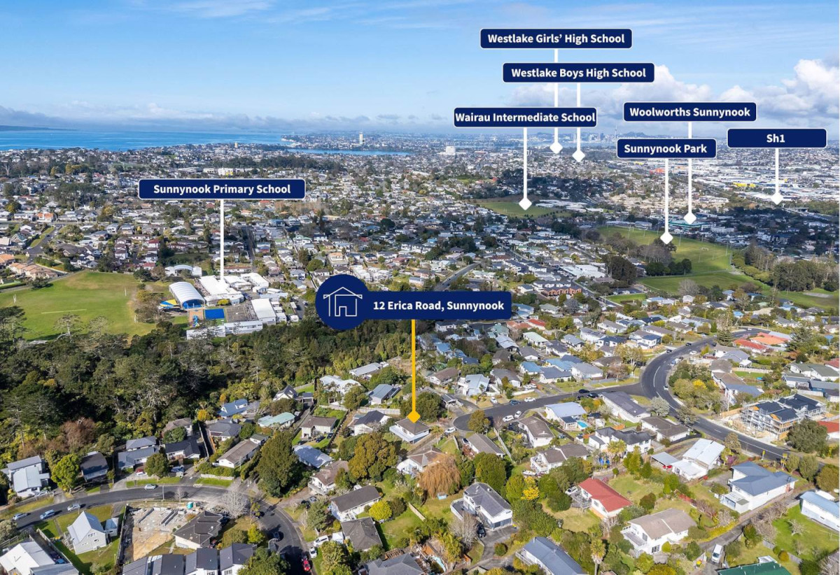 Westlake Zones, 607m2 section, 3 beds 1.5 baths house, 0.3 km to Sunnynook School, 12 Erica Road, Sunnynook, Auckland