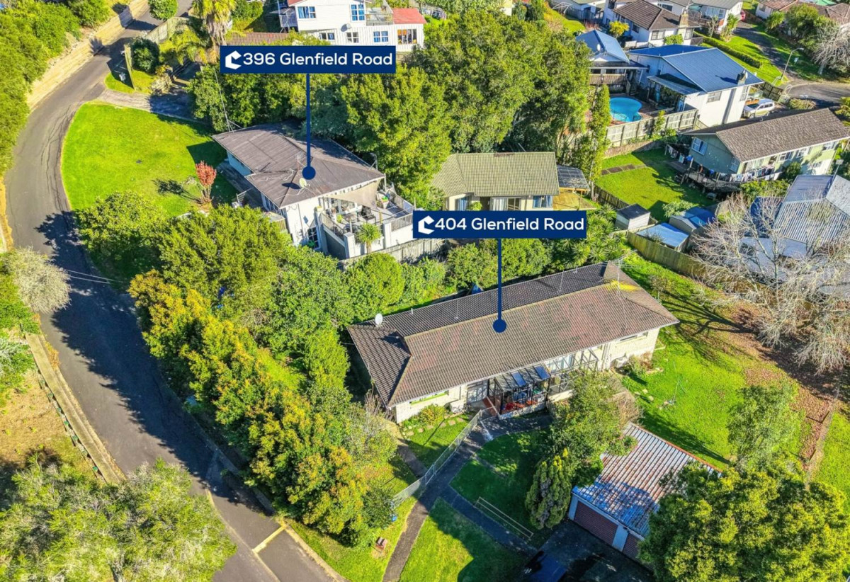 1914m2 section with RC, BC, EPA approved for mix units (28 x Studios, 1 x 1-bedroom, 1 study, 1 bathroom, 1 x 2-bedroom, 1 bathroom, 9 x 2-bedroom, 1 study, 1 bathroom, 1 WC, 1 x 3-bedroom, 1 bathroom, 1 WC, 1 x 4-bedroom, 3 bathrooms), The site comprises four cross-lease properties — 1/396, 2/396, 1/404 and 2/404 Glenfield Road — available for purchase as a package. The four existing dwellings currently generate rental income, 396 & 404 Glenfield Road, Glenfield, Auckland