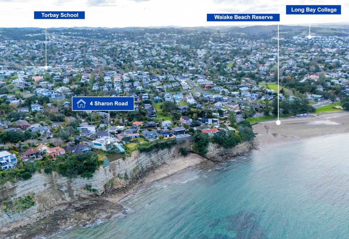 Just 160 metres from Waiake Beach, 1948m2 section, Built-in lift, 5 beds (5 ensuites) + office and wine room 6.5 baths house with 4 garage and the 18-metre cantilevered lap pool, 4 Sharon Road, Waiake, Auckland