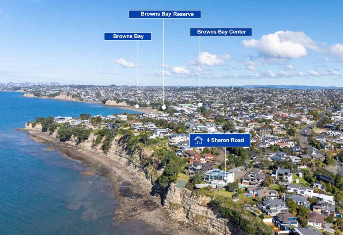 Just 160 metres from Waiake Beach, 1948m2 section, Built-in lift, 5 beds (5 ensuites) + office and wine room 6.5 baths house with 4 garage and the 18-metre cantilevered lap pool, 4 Sharon Road, Waiake, Auckland