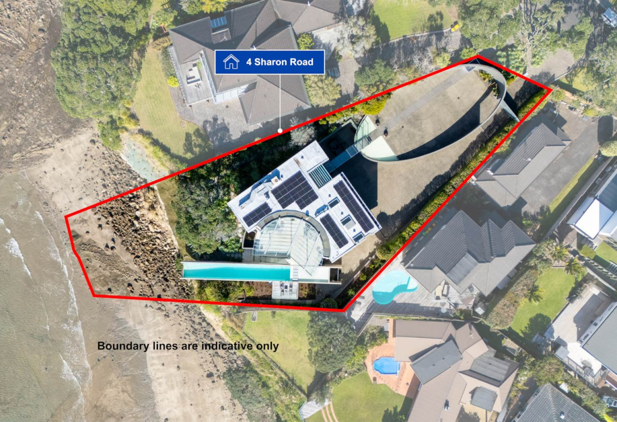 Just 160 metres from Waiake Beach, 1948m2 section, Built-in lift, 5 beds (5 ensuites) + office and wine room 6.5 baths house with 4 garage and the 18-metre cantilevered lap pool, 4 Sharon Road, Waiake, Auckland