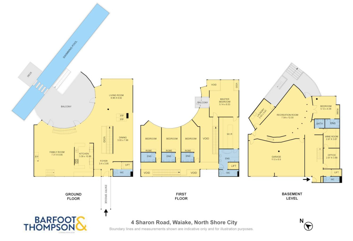 Just 160 metres from Waiake Beach, 1948m2 section, Built-in lift, 5 beds (5 ensuites) + office and wine room 6.5 baths house with 4 garage and the 18-metre cantilevered lap pool, 4 Sharon Road, Waiake, Auckland